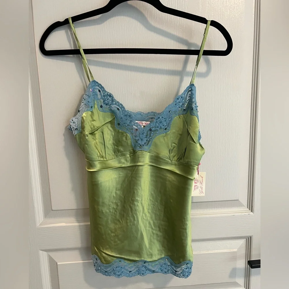 Gold Hawk Green Silk Lace Camisole Blue Trim Size M - Picture 3 of 7